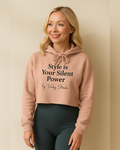 Silent Power Crop Hoodie – cropped statement hoodie on blonde model, main product image